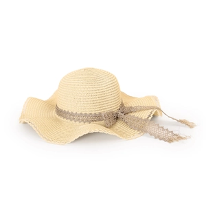 Detail of beige straw sun hat featuring brown lace ribbon and wide wavy brim for women