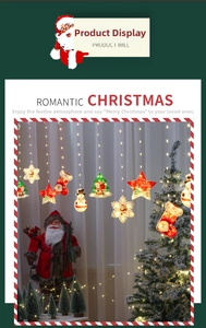 Detail of warm white LED Christmas curtain lights with stars and holiday character pendants