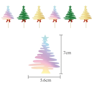 Set of 6 Christmas tree cake toppers in pink, green, and gold with red bows