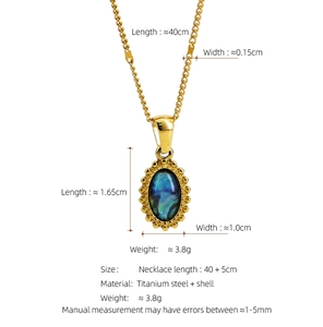 Detailed size chart for gold oval abalone shell necklace with dimensions in centimeters