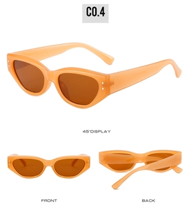 Detailed views of bright orange cat-eye sunglasses with vintage narrow resin frames
