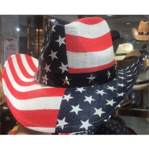 Detail of western cowboy hat with American flag stars and stripes and metal studs