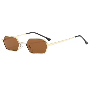 Vintage gold metal sunglasses with hexagonal brown lenses in a 45-degree angle view