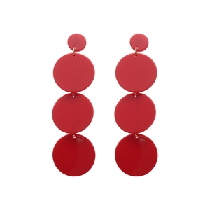 Minimalist red geometric acrylic drop earrings with four-tier circular links on white background