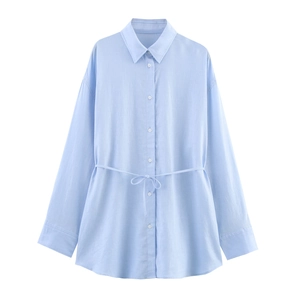 Classic light blue long sleeve waist-tie shirt for women with cotton linen texture