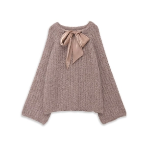 Women Knitted Sweater Pullover Round Neck Long Sleeve Satin Bow Decor Cropped Solid Color Elegant Top