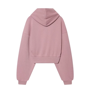 Vue arrière du sweat à capuche court rose poudré avec épaules tombantes et bords-côtes