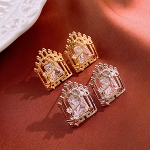 Square Window Geometric Stud Earrings Copper Zircon With 925 Sterling Silver Earring Post Baroque Vintage Luxury