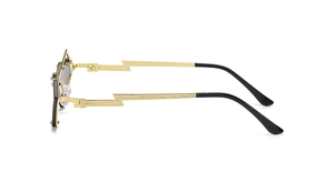 Detail of trendy heart sunglasses with golden lightning-shaped metal temples and black lenses