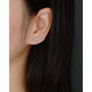 Detailed close-up of S925 silver leaf wing earrings with pavé zircon stones on a model