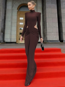 Vestito Maxi Sexy Con Ritagli Collo Alto Maniche Lunghe Arricciato Aderente Poliestere Elastan Serata Elegante