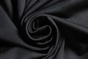 Macro shot showing the texture of black knitted fabric with pleated spiral design
