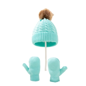 Winter cable knit hat and mittens set for kids with faux fur pom pom in mint blue