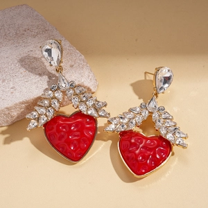 Luxurious red heart drop earrings with sparkling rhinestones and golden wheat wing accents