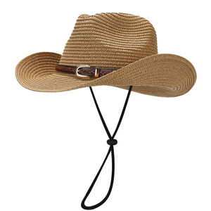 Classic straw cowboy hat with brown leather belt buckle and adjustable wind strap