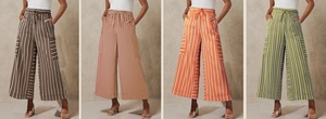Detailed view of women's colorful vertical striped wide-leg pants with drawstring waist