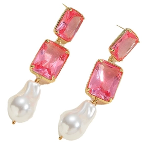 Elegant gold earrings featuring pink rectangular crystals and white baroque pearls on white