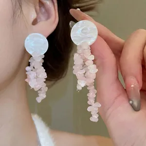 Natural Stone Tassel Drop Earrings With Shell Stud And 925 Sterling Silver Earring Post Boho Style For Women