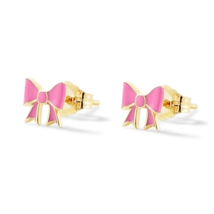 Detail of S925 silver bow stud earrings with pink enamel finish and golden metal base