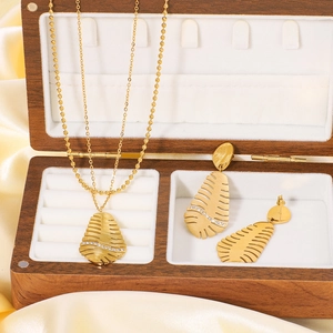 18k gold plated stainless steel double layer leaf necklace and earrings jewelry set