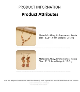 Detailed specs of alloy resin necklace set with rhinestone accents and dimensions