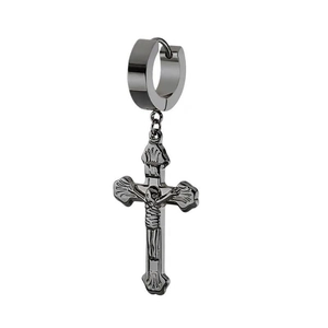 Cross pendant earring in dark gunmetal finish with detailed crucifix and hoop design