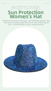 Close-up of sparkling blue rhinestones on a wide brim sun hat with metallic finish