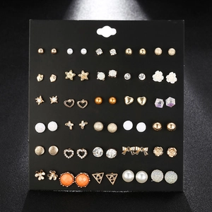 Detailed set of 30 pairs alloy stud earrings featuring pearls and crystals on black card