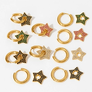 Star charm hoop earrings with colorful crystals in gold finish on white background