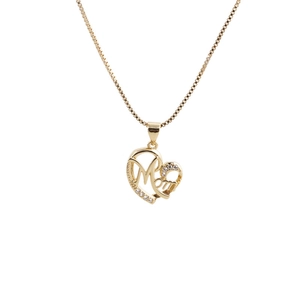 Gold heart pendant necklace with Mom engraving and zircon accents on white background