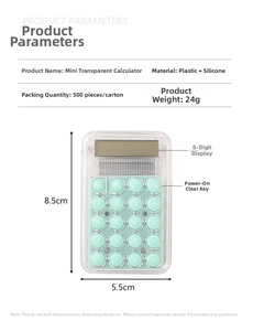 Detail view showing mint green mini transparent calculator with silicone buttons and display