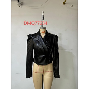 Close-up of black PU leather jacket featuring vintage puff sleeves and notched lapels