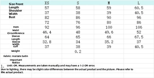 Detailed size chart for satin scarf shirt featuring XS to L measurements and acetate fabric