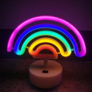 Rainbow neon sign with colorful LED glow and white base for festive home wall decoration