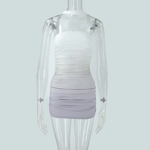 Close-up of a bodycon tube dress with purple gradient colors and side ruching texture
