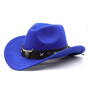 Close-up of royal blue wool felt cowboy hat with leather band and steer skull metal buckle