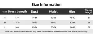 Size chart showing S, M, L measurements in cm for this long sleeve crewneck bodycon dress