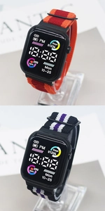 Detail of LED square digital watch with colorful woven nylon elastic straps in two colors