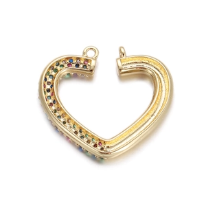 Detail showing a gold heart-shaped charm with multi-colored crystals and smooth metal texture