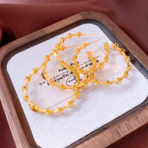 Vintage 18k gold plated C-shaped hoop earrings with tiger eye and pearl accents