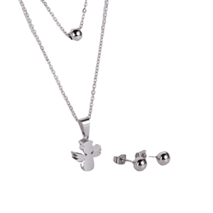 Ensemble collier double couche en acier inoxydable avec pendentif ange et boucles