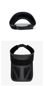 Detail of breathable mesh visor with adjustable strap and durable grey piping