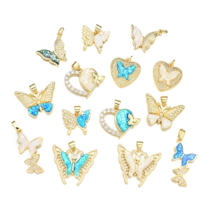 Selection of 14K gold plated butterfly and heart pendants with opal and cubic zirconia