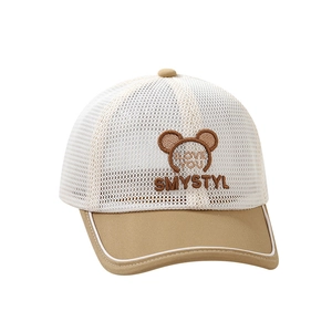 Kids breathable mesh baseball cap with cute bear embroidery and khaki brim detail