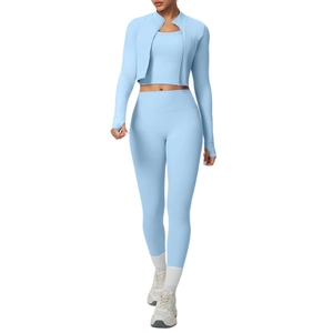 Women's light blue 3-piece yoga set with zip jacket, sports bra and high waist leggings