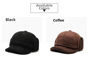 Detail of warm winter trapper hat with soft faux shearling lining and ear protection