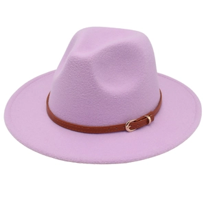 Light purple wool fedora hat with a classic brown leather strap and golden buckle