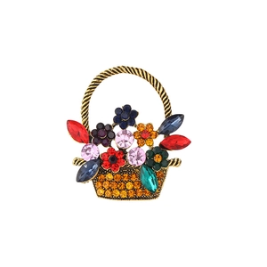 Vintage flower basket brooch with colorful crystals in antique gold finish for women