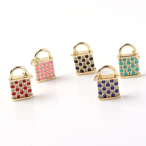 Gold plated checkerboard lock pendants with colorful enamel and micro-set cubic zirconia