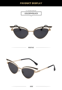 Detaillierte Front- und Seitenansicht der schwarz-goldenen Cat-Eye-Sonnenbrille aus Metall